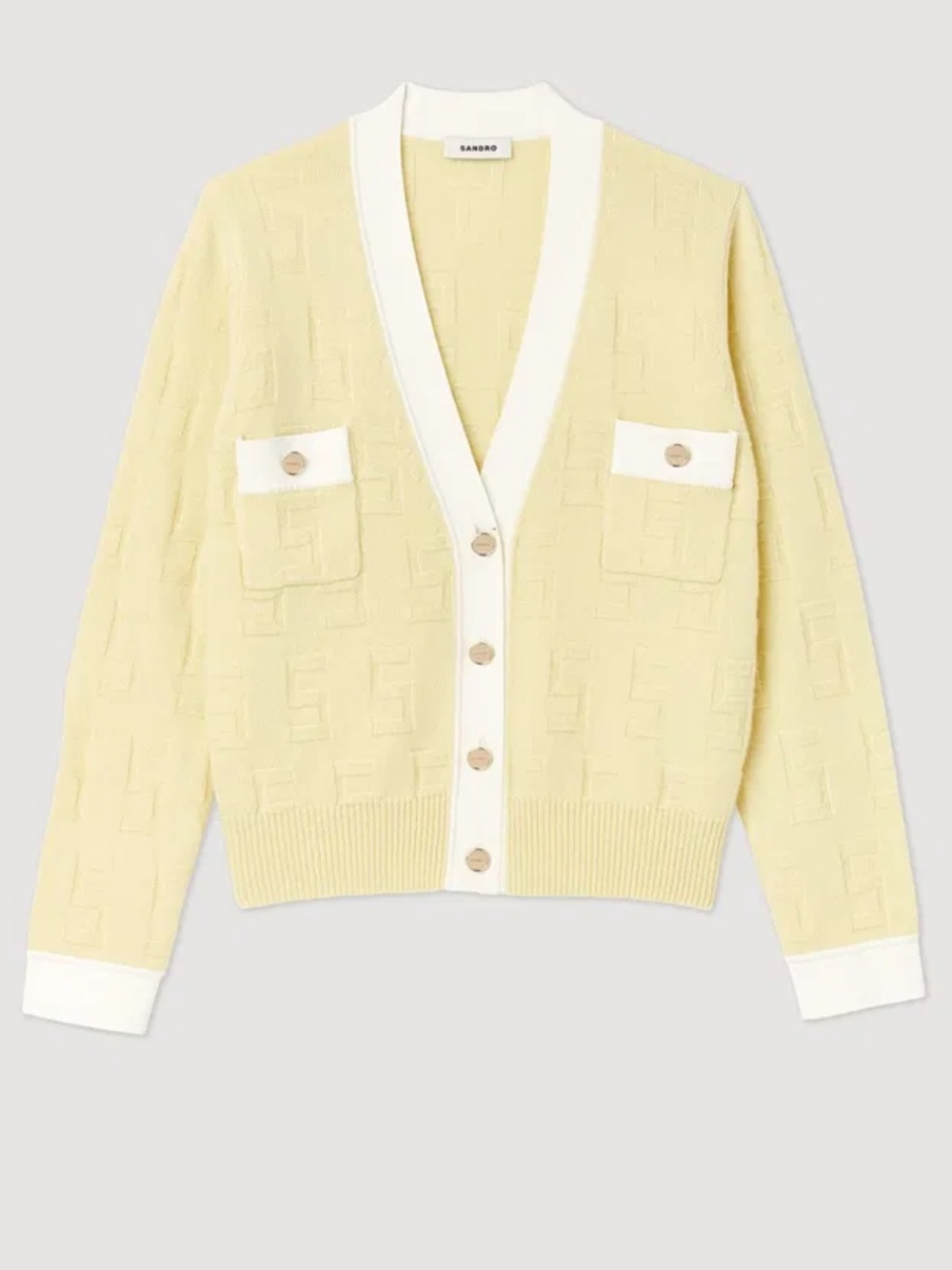 Sandro NWT Women's Pale Yellow V-Neck Button Cardigan with White Trim